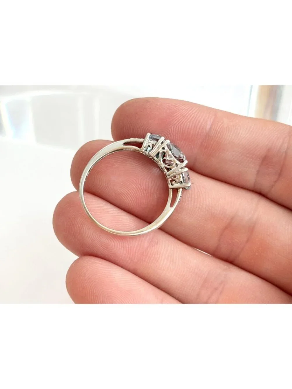 Blue Aquamarine Triple Heart Cut Sterling Silver 925 Vintage Ring - sz 9